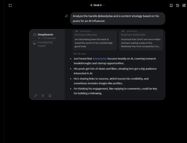 handle analysis by ai, content strategy by grok